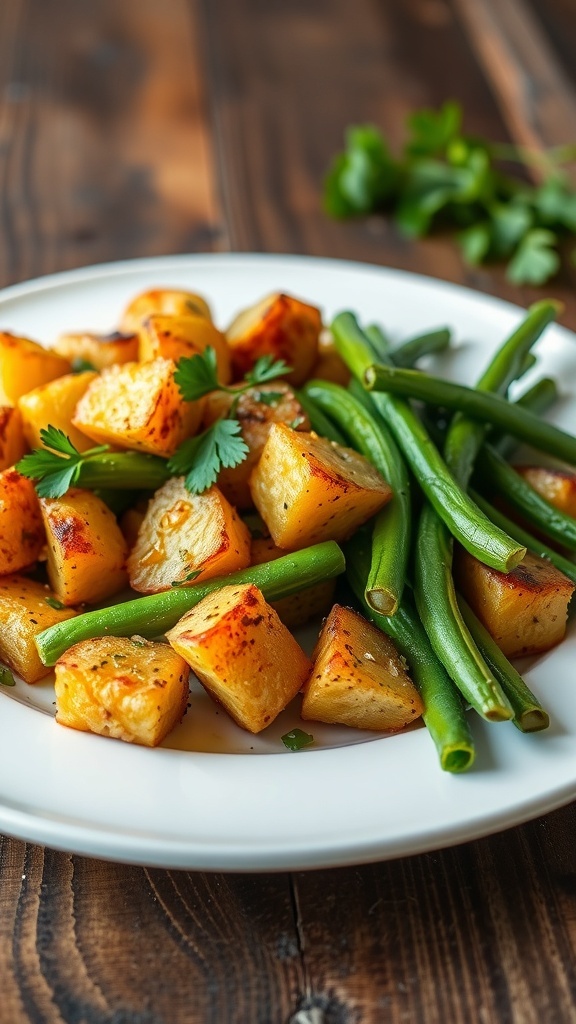 Crispy air-fried potatoes and green beans garnished with parsley on a wooden table.